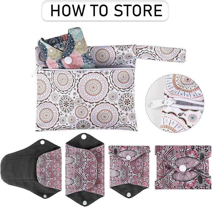 PHOGARY Reusable Menstrual Pads for Heavy Flow with Wet Bag, 7 Pieces Sanitary Pads Set with Wings for Women, Washable Overnight Cloth Panty Liners