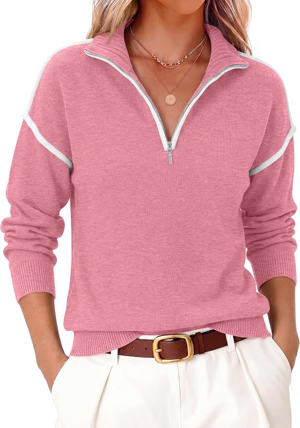 ANRABESS Womens Quarter Zip Sweaters Fall Long Sleeve V Neck Shirts Collared Business Casual Tops Knit Pullover Sweatshirts