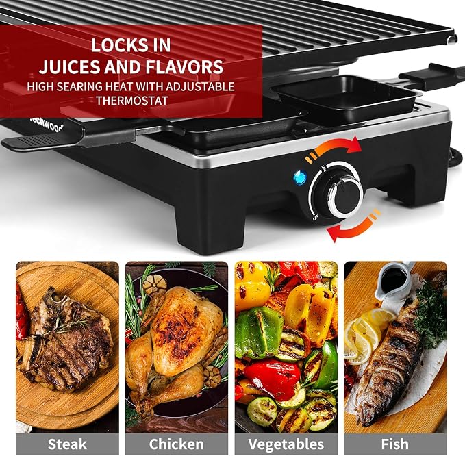 Raclette Table Grill, Techwood Electric Indoor Grill Korean BBQ Grill, Removable 2-in-1 Non-Stick Grill Plate, 1500W Fast Heating with 8 Cheese Melt Pans, Ideal for Parties and Family Fun (Black)