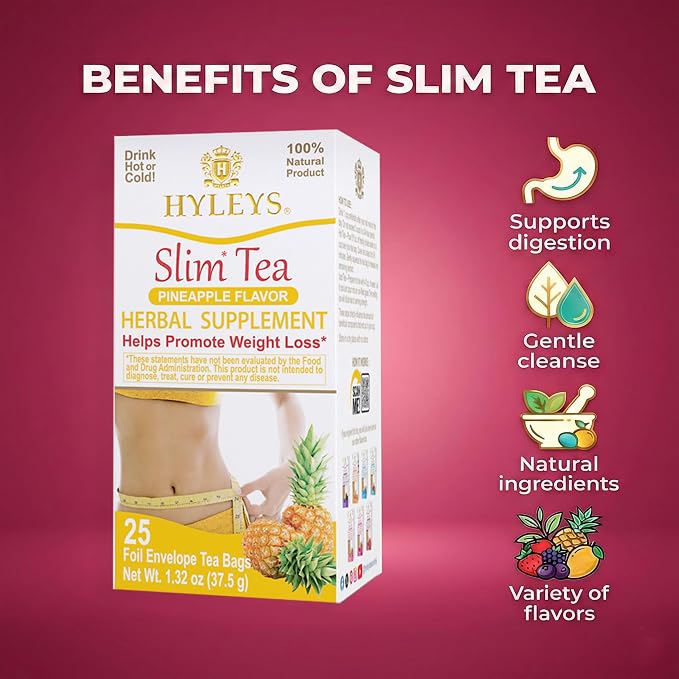 Hyleys Slim Tea Pineapple Flavor - Weight Loss Herbal Supplement Cleanse and Detox - 25 Tea Bags (12 Pack)
