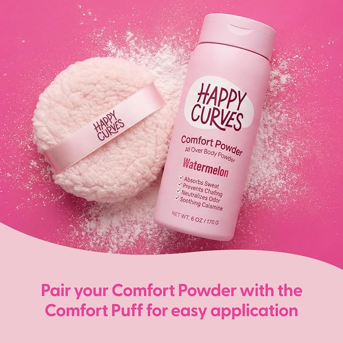 HAPPY CURVES Comfort Powder: Talc Free Anti Chafe Body & Foot Dusting Powder Deodorant to Control Inner Thigh Chafing, and Private Areas 6oz (Pack of 1) - Watermelon