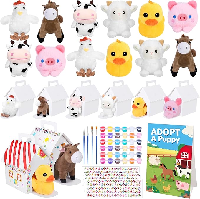 31 Pieces Farm Animal Puppy Party Favors 12 Mini Plush Farm Animals with Keychain Include Adopt a Puppy Sign DIY White House, Paint Brushes Stickers for Birthday Xmas DIY Craft Party Gifts