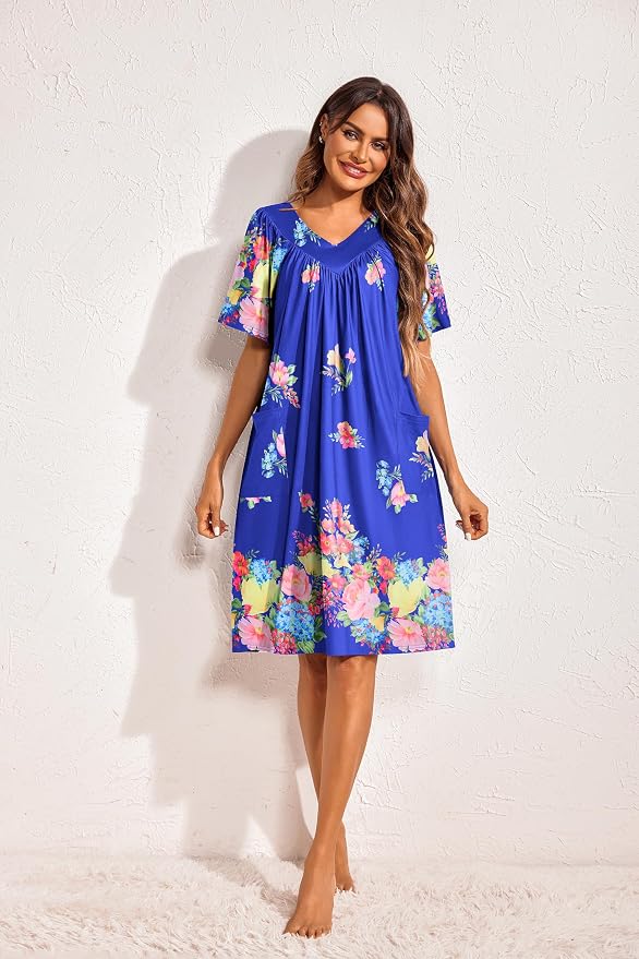 Ekouaer Womens House Dress Floral Print Nightgown with Pockets Mumu Dress
