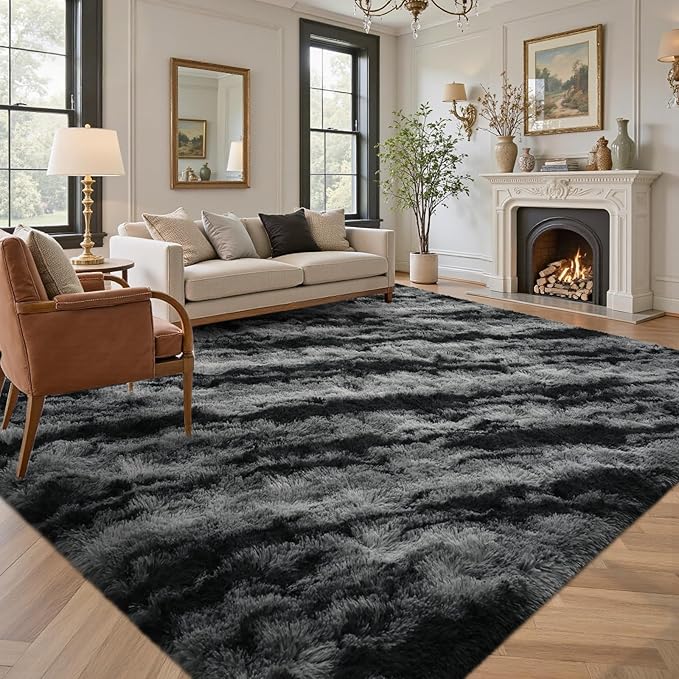 9x12 Ft Large Shag Plush Rugs for Living Room,Ultra Soft Fluffy Furry Area Rugs Non-Slip Carpet for Bedroom,Nursery,Kids Room,Dorm,Aesthetic Home Decor (Black)