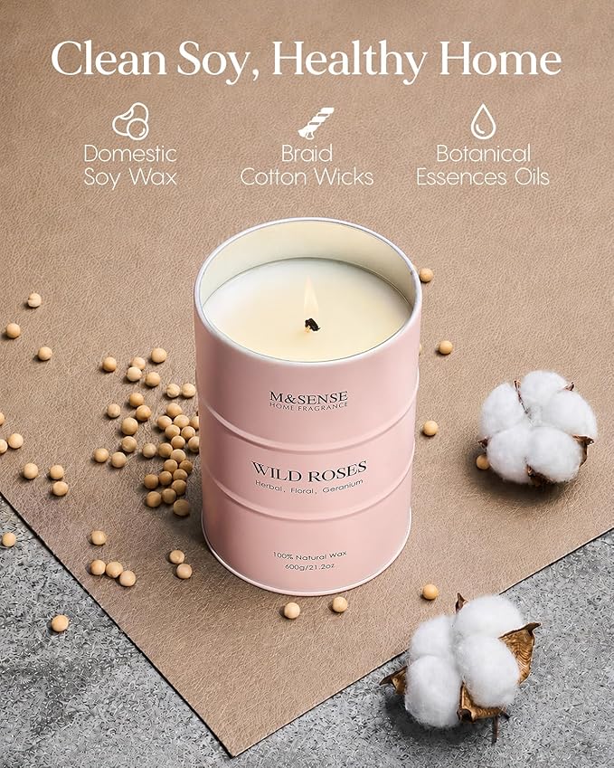M&SENSE Wild Rose Large Natural Scented Candle, 120 Hours Long Lasting Soy Candles 21.2oz, Stress Relief Luxury Aromatherapy Candles for Women, Romantic Candle Valentines Day Gifts