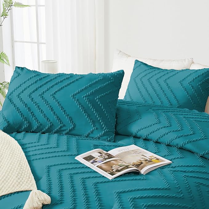 Andency Turquoise Comforter Set Queen Size, Boho Soft Warm Tufted Bedding Comforter Sets for Queen Size Bed, 3 Pieces Aesthetic Chevron Farmhouse Cute Bohemian Textured Bed Set