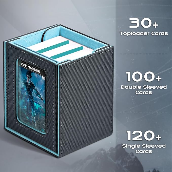 ZLCA MTG Deck Box with Commander Window Display, Trading Card Storage Box Holds 100 Double-Sleeved Cards Suitable for TCG/CCG/PTCG/EDH/Magic/Sport Cards (Grey&Blue)