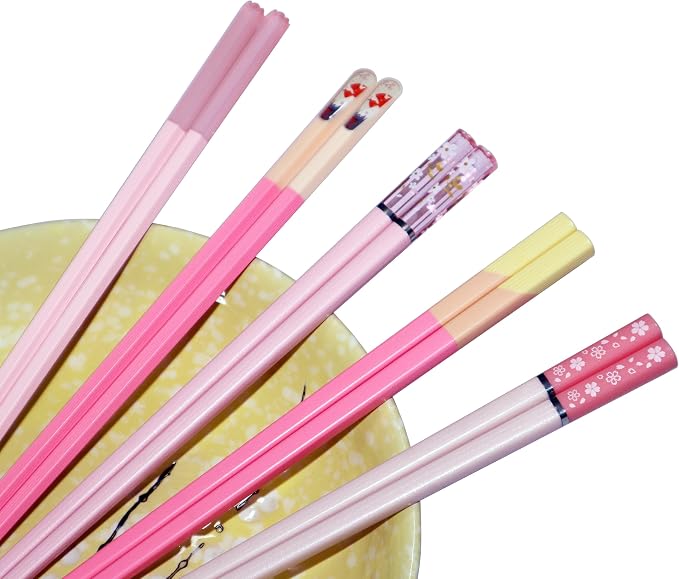 5 Pairs Pink Fiberglass Chopsticks Japanese Korean Chopstick Reusable Non-Slip Dishwasher Safe, 9.6 Inches Long, 5 Patterns
