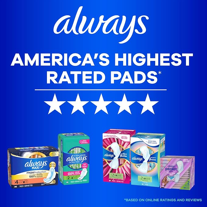 Always Ultra Thin Feminine Pads with Wings for Women, Size 3, Extra Long Super Absorbency, Unscented, Up to 100% Leak-Free Protection, 52 Count