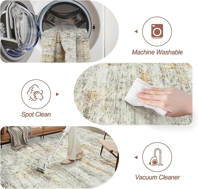 Soalmost 5x7 Area Rugs Grey/Rust Low Pile Washable Trendy Faded Style Rug | Vintage Non-Slip Indoor Accent for Bedroom Dining, Foldable Stain Resistant Floor Carpet Mat Under Table Home Office Decor