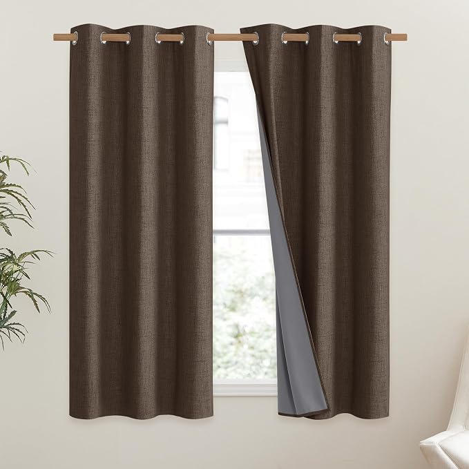 NICETOWN Coffee Vintage Linen 100% Blackout Curtains for Dining Room, Thermal Insulated Curtains 45" Long, Noise Reducing Window Treatment Drapes for Kitchen, 42" Wide Per Panel, Set of 2