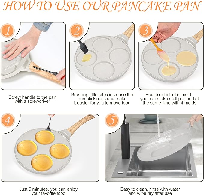 10.5" Pancake Pan Suitable for All Cooktops 4-Cup Pancake Maker 1-Pack | Beige, PFOA Free, 4-Cup, Mini Silver Dollar Gril, Stay-Cool Handle, Mini Pancake Pan