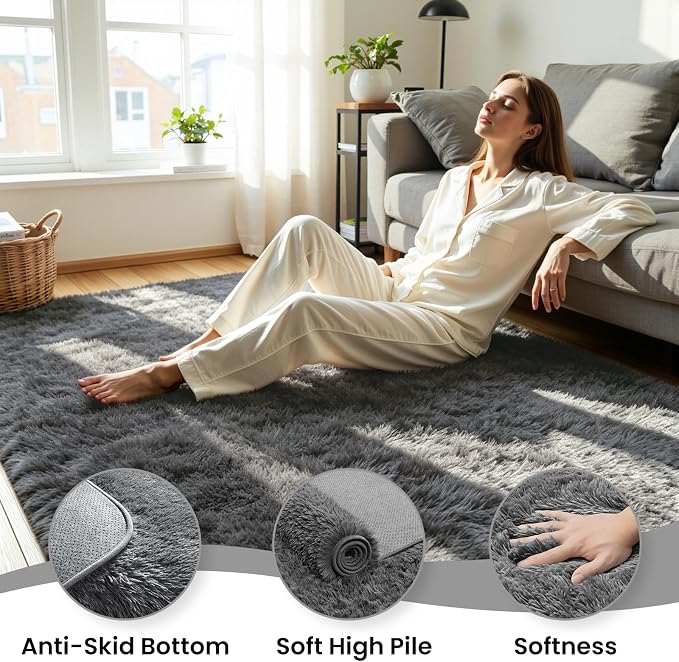 5x8 Area Rug for Living Room, Ultra Soft Fluffy Grey Rugs for Bedroom, Non Slip Large Shag Carpet, Fuzzy Plush Nursery Rug, Thick Washable Indoor Floor Carpets for Kids Office Dorm Home Decor