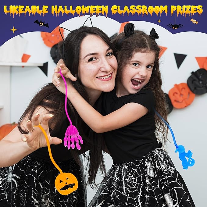 24 PCS Halloween Sticky Hands Party Favors for Kids, Stretchy Spider Sticky Web Ghost Pumpkins Bats Toys for Trick or Treat Halloween Party Gifts, Goodie Bag Stuffers Fillers, Classroom Prizes