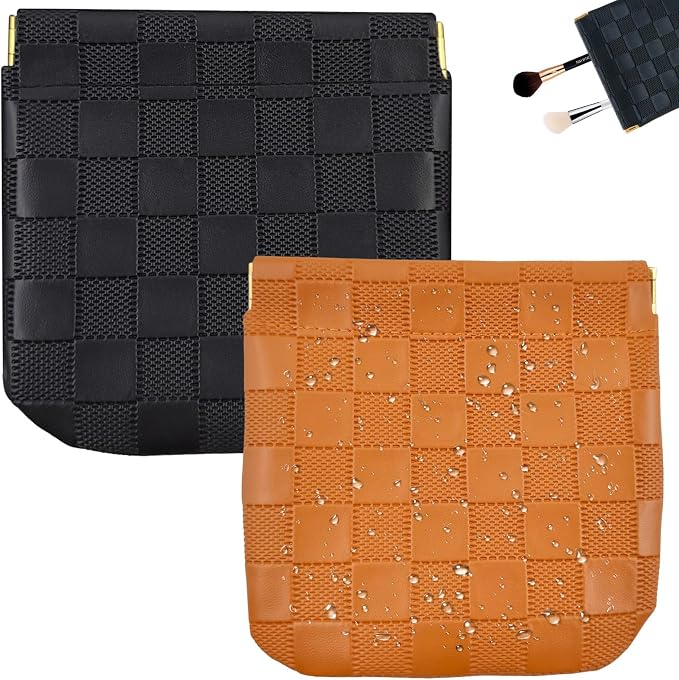 2 PCS Small Makeup Bag for Women, Small Pouches for Purse,Mini Checkered Cosmetic Bag Waterproof Pouch for Travel Storage bag, for Cosmetics Headphones Jewelry Cosmetic Lipstick Coins (Black,Brown)