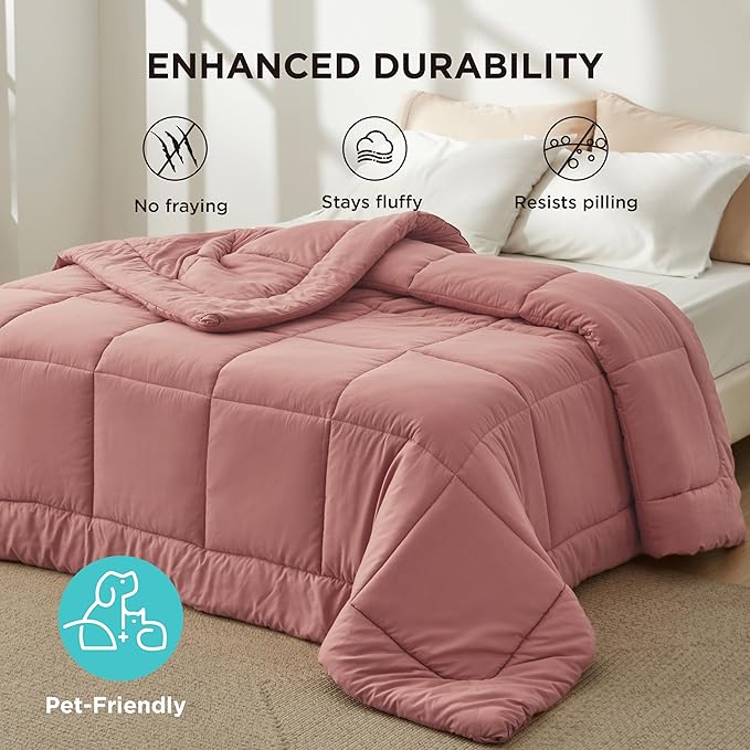 Bedsure Comforter Duvet Insert - Quilted Comforters Twin Size, All Season Duvet, GentleSoft Down Alternative Bedding Blanket, with 8 Tabs, Gifts for Women/Men, Dusty Pink, Twin 88 x 68 Inches