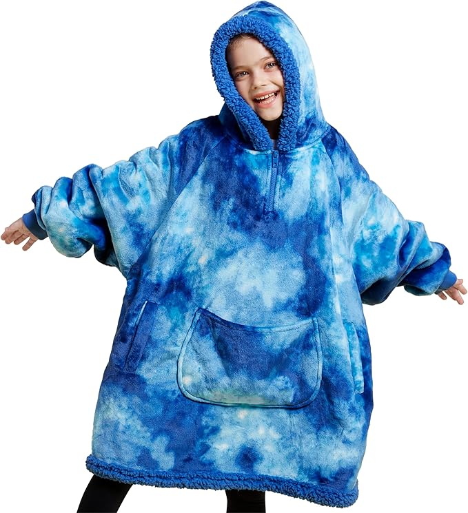 Giggling Getup Wearable Blanket Hoodie for Girls and Boys Warm Cozy Sherpa Fleece Hooded Blanket Sweatshirt Oversized Hoodie with Giant Pocket & Sleeves for Kids Dark Blue Tie Dye