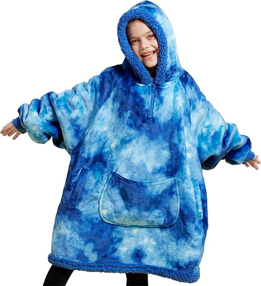 Giggling Getup Wearable Blanket Hoodie for Girls and Boys Warm Cozy Sherpa Fleece Hooded Blanket Sweatshirt Oversized Hoodie with Giant Pocket & Sleeves for Kids Dark Blue Tie Dye