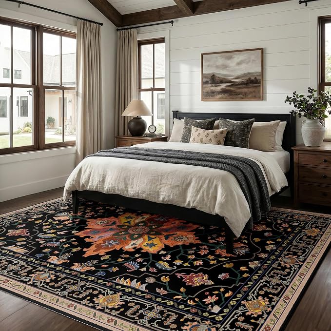 RELEANY Area Rugs 7'x9' Washable Non-Slip, Floral Vintage Distress Medallion Carpet for Living Room Bedroom Dining Room, Black Colorful Floral Dark Tan