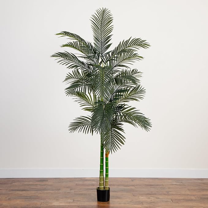 Nearly Natural 8 ft Artificial Golden Cane Palm Tree with Nursery Pot | Two Realistic Trunks, Lifelike Palm Leaves, Black Nursery Planter, Indoor Home Decor, Maintenance-Free foliage