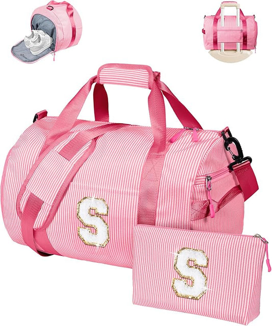 Birthday Gift for Teenager, Girls Travel Duffle Bag, Kids Initial Overnight Bags with Shoe Compartment, Personalized Weekend Bag with Makeup Pouch, 5 Year Old Girl Birthday Gifts (Letter S)