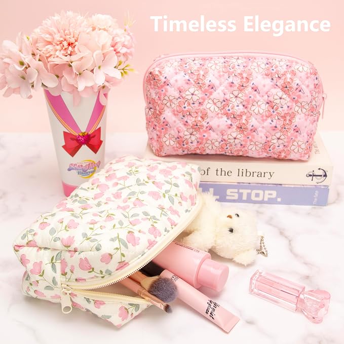 PAZIMIIK Small Quilted Makeup Bag,Zipper Cosmetic Pouch,Floral Pink,6 Pack | Lightweight Cosmetic Bag Organizer for Women,Purse Storage Holds Makeup,Toiletries,Skincare,Beauty Essentials,Travel Items