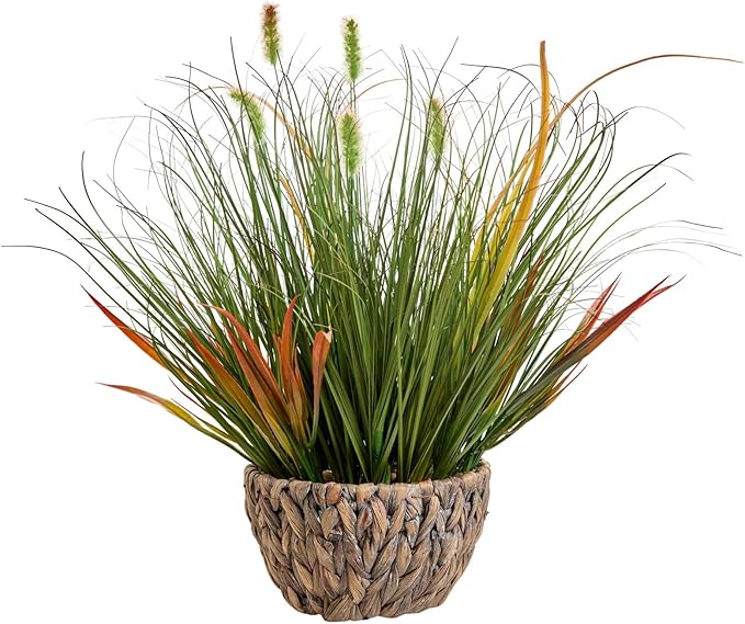 AlphaAcc Fake Faux 17" Artificial Grass Woven Pot Pebbles Home Office Decor | Realistic 17" curved grass green red brown hues woven pot pebbles balcony entryway floor decor