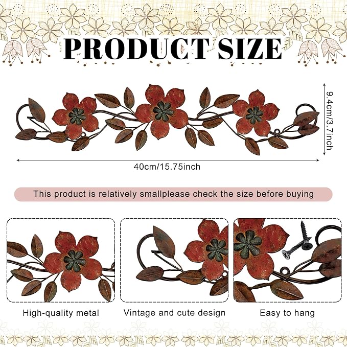 Wesiti Metal Flower Wall Decor Vintage Metal Flower Wrought Iron Scroll Sculpture 15.7''x3.7'' Not 3D, Flat Farmhouse Leaf Wall Decor with Nails for Summer Bedroom Kitchen Indoor Outdoor(Red)