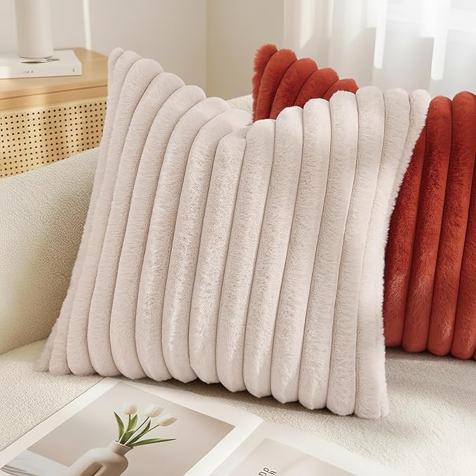 decorUhome Fall Faux Fur Throw Pillow Covers 16x16 Set of 2 Beige | Decorative Soft Cozy Striped Plush Modern Farmhouse Boho Couch Pillow Cases Velvet Back for Sofa Bed Living Room Home Decor