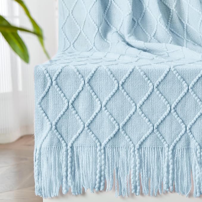 inhand Sky Blue Knitted Throw Blanket for Couch and Bed, 50"x60" | Soft Living Room Home Decor Knitted Blanket with Tassel, Outdoor Lightweight Breathable , Farmhouse Warm Woven Decorative