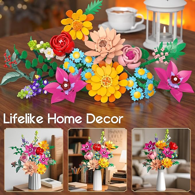 Flowers Bouquet Building Set, 891 PCS Artificial Wildflower Botanical Collection Kit for Women Kids Girls, Home Office Decor Gift for Mother's Day/Valentine's/Christmas