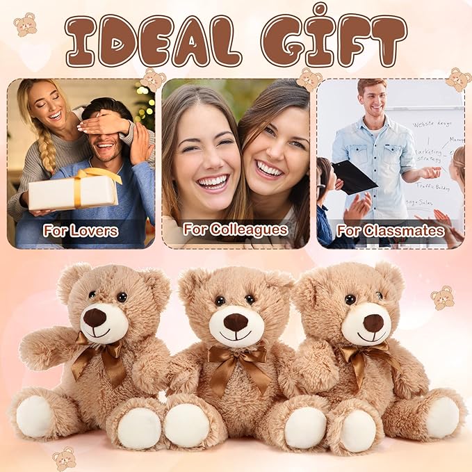 HyDren 12 Pieces Valentines Bears Stuffed Animals Soft Plush Toy Bears for Birthday Party Easter Wedding Baby Shower Christian Charity Donation Supplies(Light Brown)