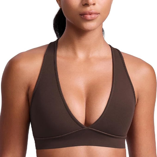 CRZ YOGA Butterlift Deep V Neck Sports Bras for Women - Padded Gym Wide Straps Cut-Out Cross Back Crop Pilates Workout Top