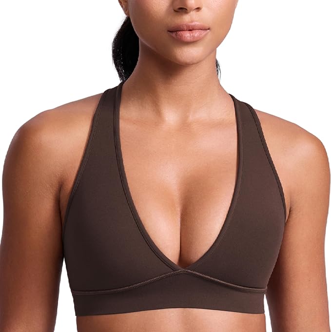 CRZ YOGA Butterlift Deep V Neck Sports Bras for Women - Padded Gym Wide Straps Cut-Out Cross Back Crop Pilates Workout Top