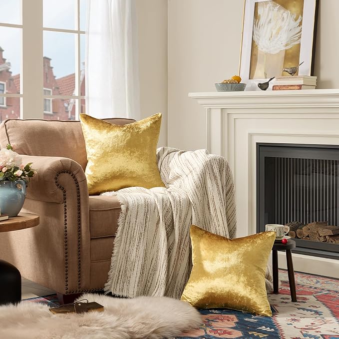 GIGIZAZA Gold Velvet Pillow Covers 18x18 Decorative Pillows Pack of 2 | Throw Pillows for Couch Sofa,300gsm Soft Textured Fabric,Modern Square Accent Pillowcases,Luxury Cushion Covers