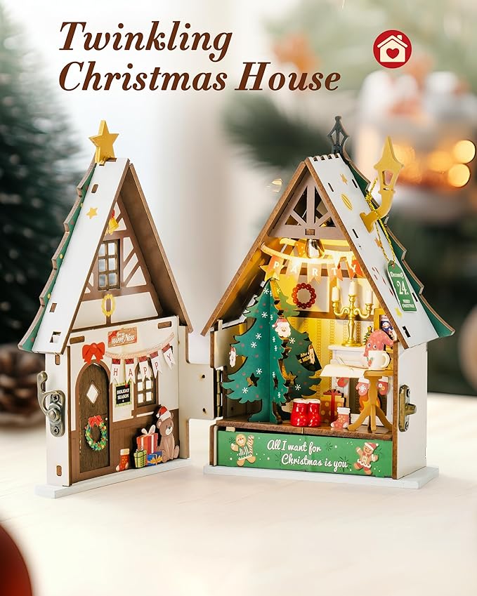 Rowood Miniature House Kit Christmas,Miniature Dollhouse Kits for Adults,Mini House Toy Building Kit,Craft Kits for Women on Christmas-Twinkling Christmas House
