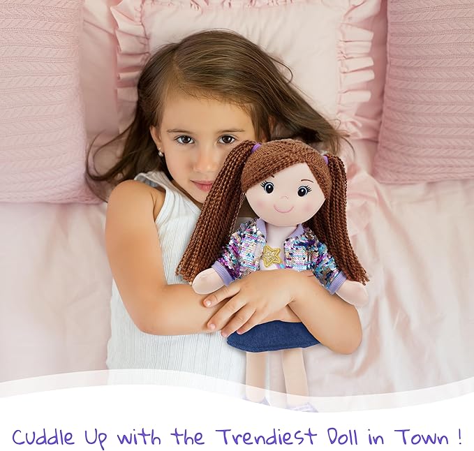 June Garden 18" Snuggle Cutie Sophie Glam - Soft Cuddly Plush Doll Gift for Girls - Huggable Rag Doll - Trendy Outfit L