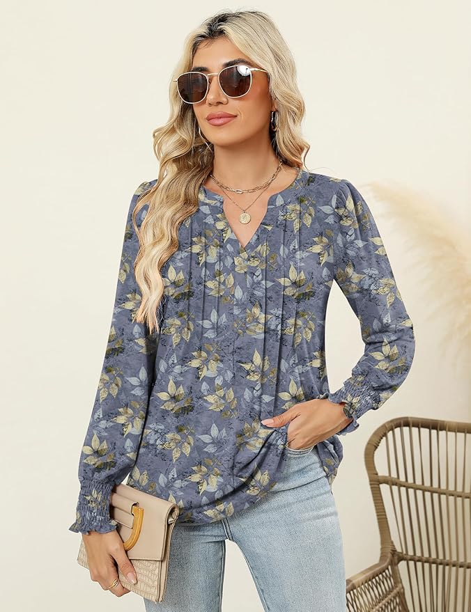 LOMON Womens Tops Dressy Casual Pleated Ruffle Long Sleeve Tunics Tops to Wear with Leggings V Neck Work Blouse
