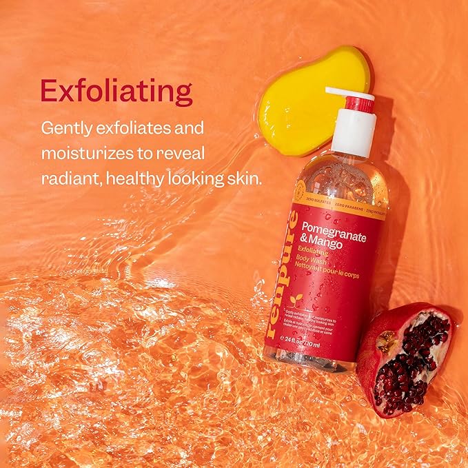 Renpure Pomegranate & Mango Exfoliating Body Wash - Cleanses, Exfoliates, Moisturizes & Rejuvenates Skin - For All Skin Types - Pomegranate Extract, Mango Fruit Extract - 24 Fl Oz each, 2 Pack