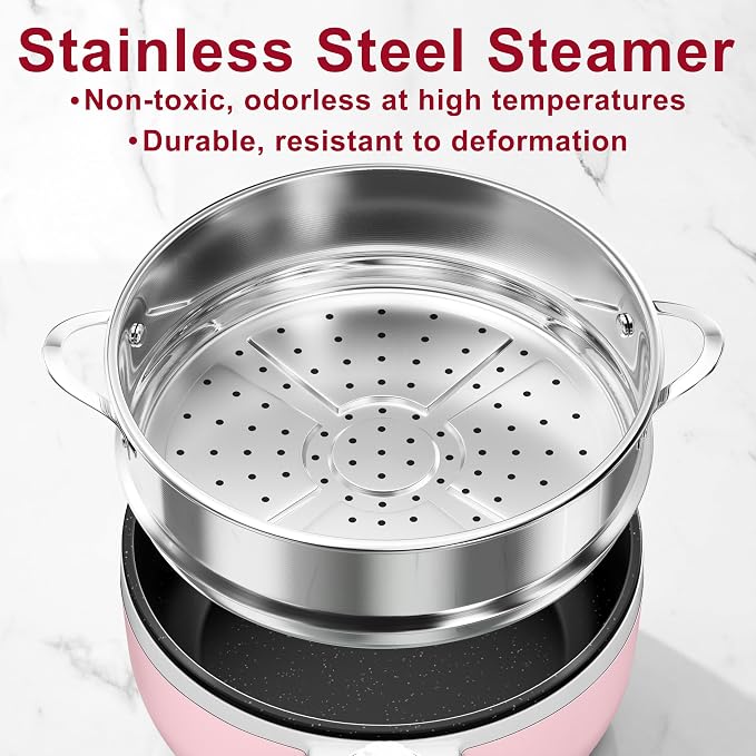 Dezin Electric Pot with Steamer, 1.5L Non-Stick Portable Hot Pot Electric | Dual Power, Upgraded 600W Electric Pot for Cooking Steak, Egg, Soup, Ramen Cooker for Dorm, Travel, RV, Office, Pink Pan