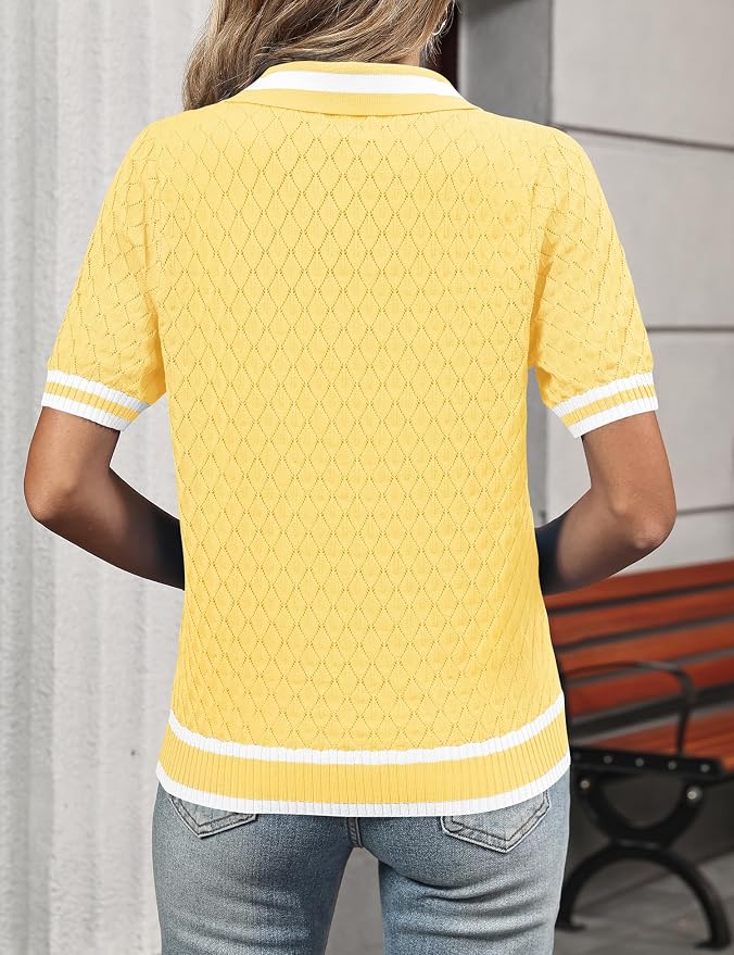 Rapbin Womens Short Sleeve Knit Polo Shirts Summer Spring Sweater Tops | Classic V Neck Collared Shirts Lightweight Business Casual Basic Fashion Pullover Polo Sweater for Work Formal Daily Wear