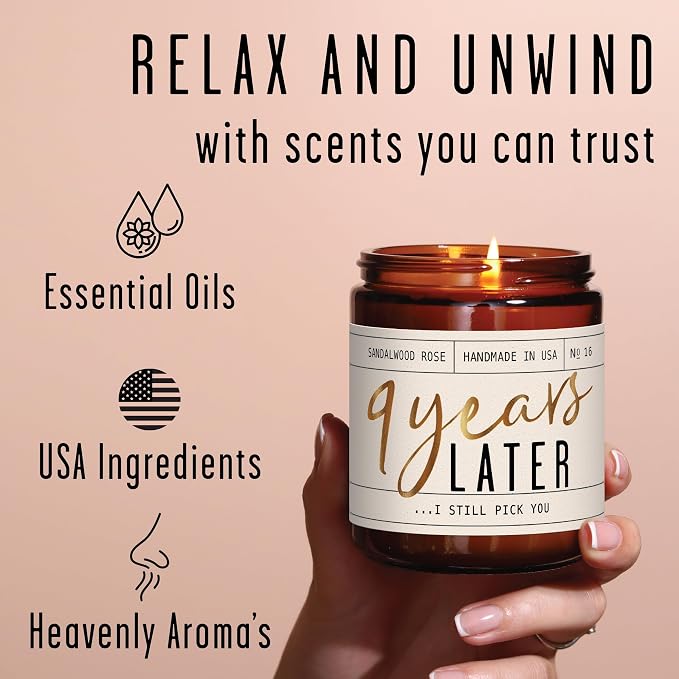 9 Year Gift for Anniversary for Her - '9 Years Later' Soy Candle, w/Sandalwood Rose - Infused w/Essential Oils I 9th Anniversary Wedding Gift for Wife I 50Hr Burn I USA Made