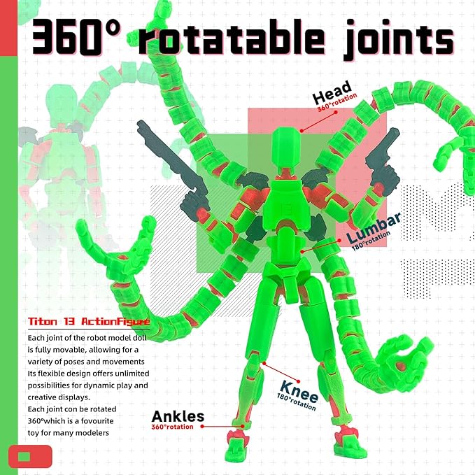 Assembly Completed T13 Action Figure,T13 Action Figure Multi-Jointed Movable,Ultimate Desktop Decor for Lovers t-13 Movability 3D Printed Toys (Green, 7.2in)