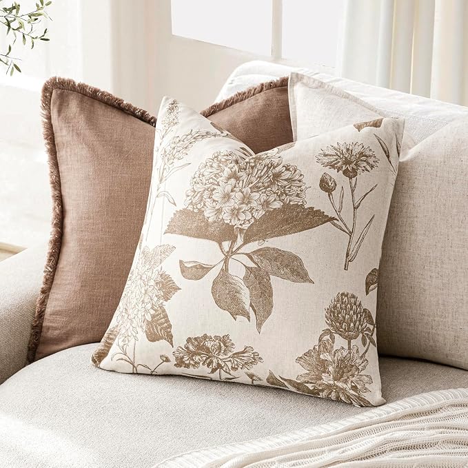 Foindtower Set of 2 Linen Floral Throw Pillow Covers Neutral Vintage Print Decorative Cushion Covers Farmhouse Boho Home Decor for Sofa Chair Couch Bedroom Living Room,24×24 Inch,Light Brown