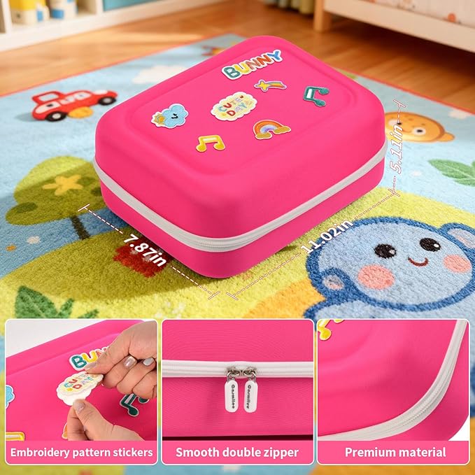 Case Compatible with Little Tikes Story Dream Machine Starter Set, Toys Storage Bag with 5 DIY Embroidery Patches, Organizer for Projector Storytime Books and Audio Character- Pink Letters (Box Only)