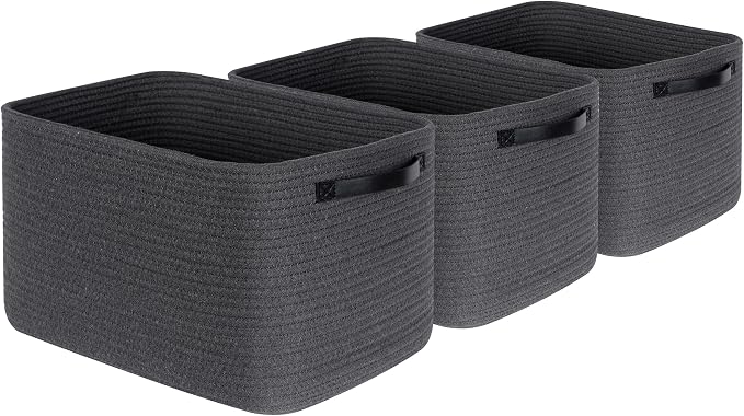 3-Pack Decorative Woven Storage Baskets for Shelves, Cube Bin Box for Organizing Books, Shoes, Dog Toys, Pantry Closet and Living Room Organizer, Charcoal / Black