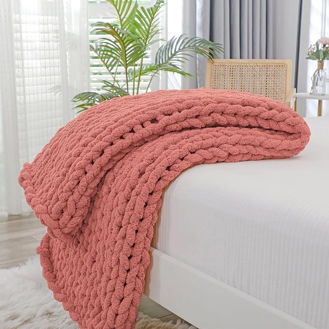 Bigacogo Chunky Knit Throw Blanket for Couch, 40x40 inches, Antique Red | Hand Knit with Jumbo Chenille, Soft Breathable Cable Knit for Sofa Bed Living Room, Machine Washable, Gift for Mom Friend