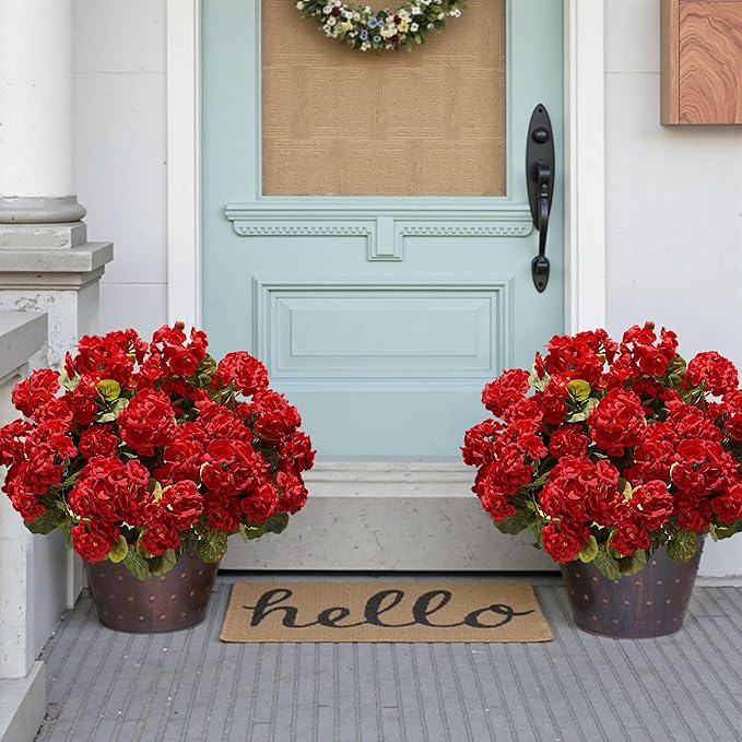 Artificial Geraniums Fake Flowers for Outdoors Decoration, 6 Bundles Silk Geraniums Red Flower UV Resistant Look Real Faux Plants for Front Door Garden Porch Planter Patio Balcony Yard Indoor Home