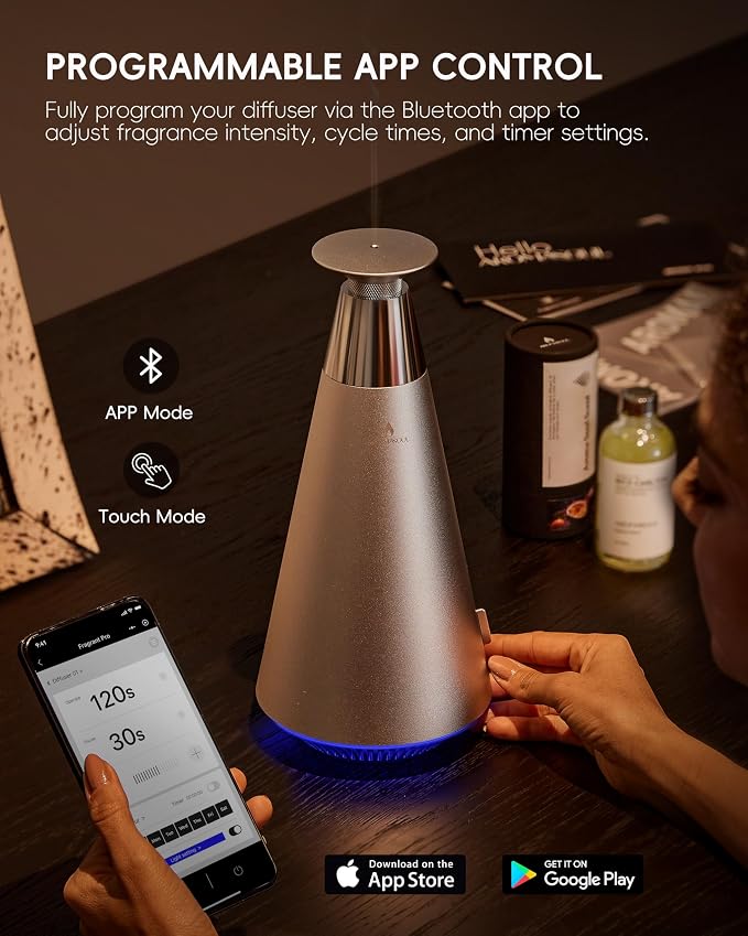 All-Metal Waterless Scent Diffuser Kit – 1500 Sq.Ft Coverage, Wireless Rechargeable,App Control, Mood Light, Hotel Scent Diffuser, Includes 5×15ml Essential Oils, for Home,Large Room,Spa,Silver