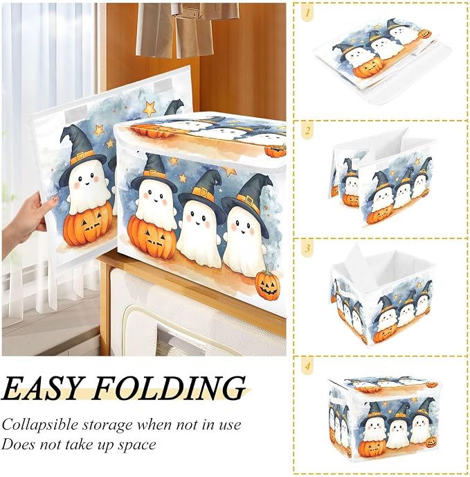 Cute Cartoon Ghosts Storage Bins with Lids and Carrying Handle,Foldable Storage Boxes Organizer Containers Baskets Cube with Cover for Home Bedroom Closet Office
